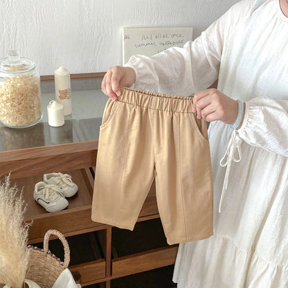 Toddler Girl Cotton Pleated Harem Pants 1-6Y Kids Boys Solid Color Casual Roll Up Trousers Comfy Elastic Waist Kids Bottoms