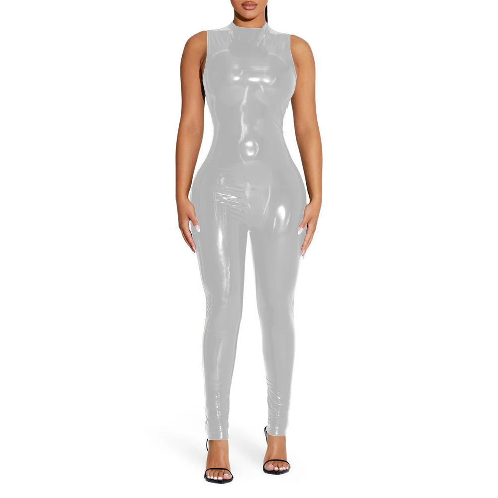 PVC Sleeveless Jumpsuit for Ladies, Wet Look, Shiny Patent Leather, O-Neck Bodycon, Tank Catsuit, Stretch Slim Rompers, Sexy