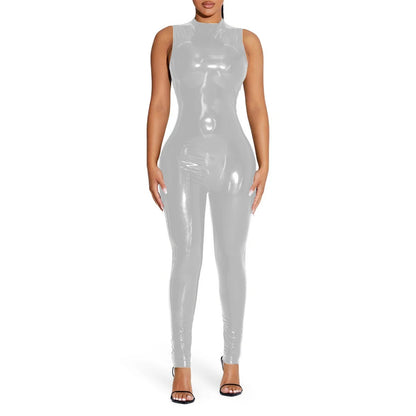 PVC Sleeveless Jumpsuit for Ladies, Wet Look, Shiny Patent Leather, O-Neck Bodycon, Tank Catsuit, Stretch Slim Rompers, Sexy