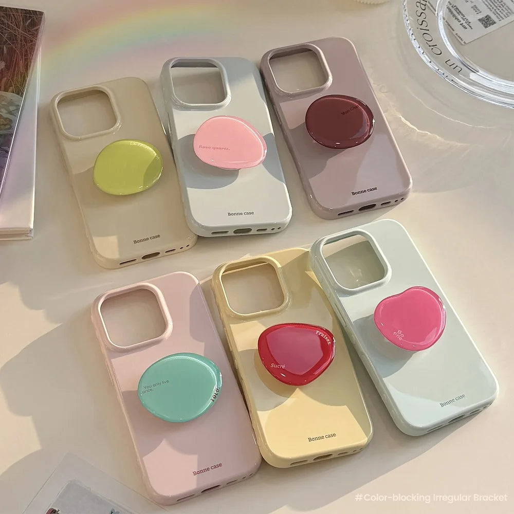 Korean INS Cute Solid Color Phone Case for iPhone 17 16 15 14 13 12 Pro Max Shockproof Protection Back Cover with Bracket