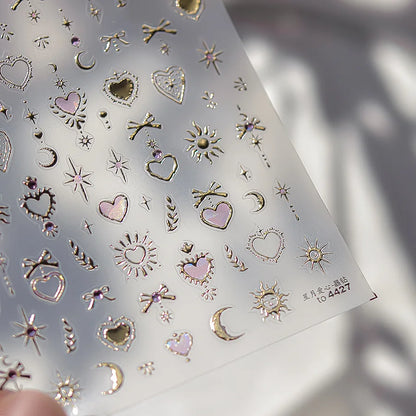 Gold Totem Red Heart Nail Art Stickers Aurora Holographic Star Moon Butterfly 5D Self Adhesive Nail Art RhinestoneS Stickers DIY
