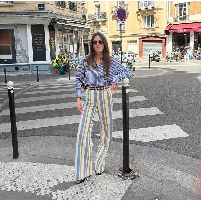 Casual Striped Women's Jeans Mid-rise Single Button Pockets Lady Curved-leg Pants 2026 Spring Summer Fashion Female Trousers