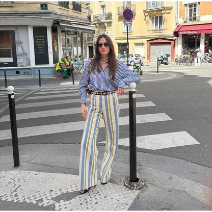 Casual Striped Women's Jeans Mid-rise Single Button Pockets Lady Curved-leg Pants 2026 Spring Summer Fashion Female Trousers