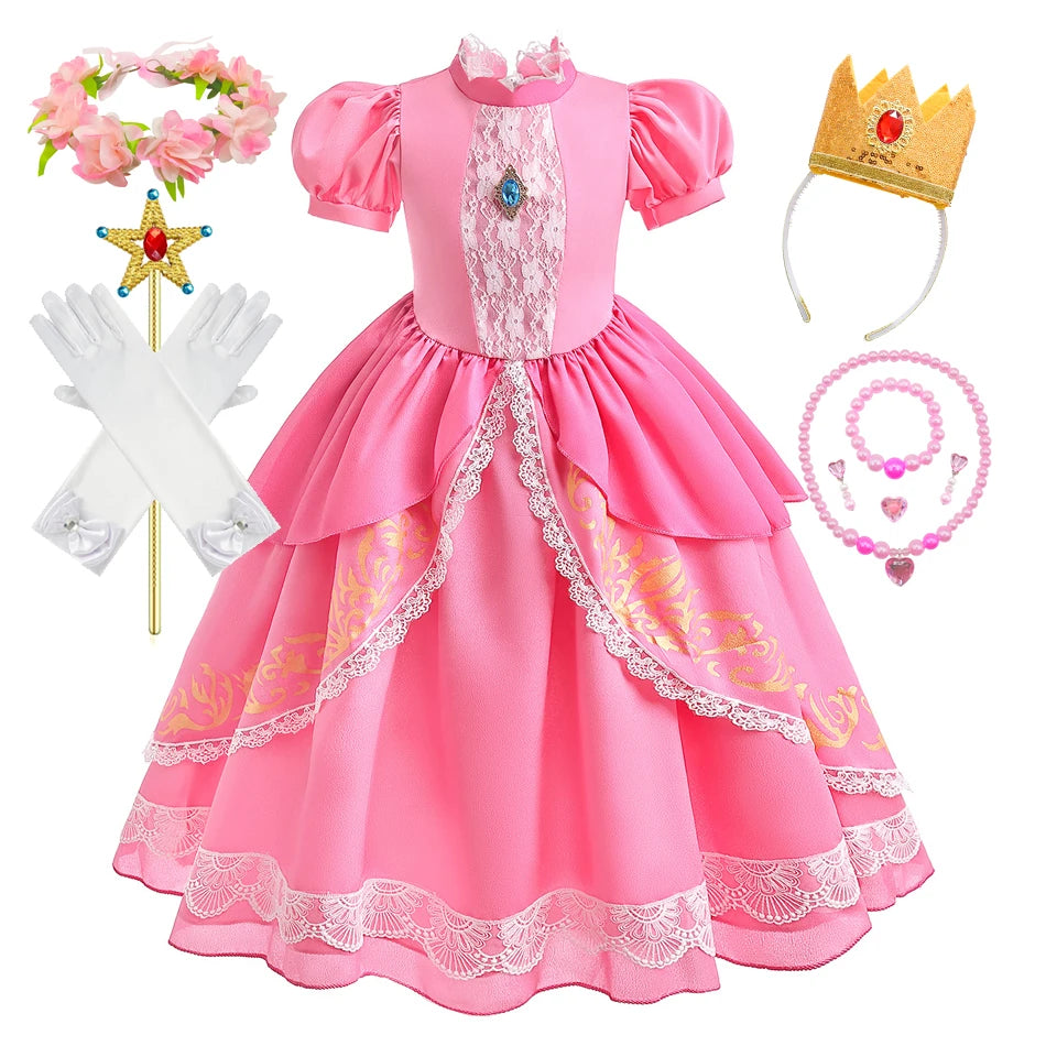 Peach Princess Costume with LED Color Light Toddler Birthday Game Role Play Dress Girl Halloween Festival Gown Pink Lace 4-8 Y