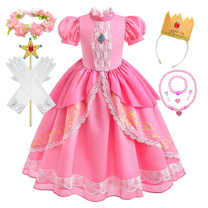 Peach Princess Costume with LED Color Light Toddler Birthday Game Role Play Dress Girl Halloween Festival Gown Pink Lace 4-8 Y