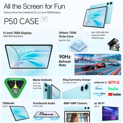 Teclast Tablet P50 Set Android 15 11" T606 8-Core Max 12GB RAM 128GB ROM P50 Case/Keyboard/Mouse/Stylus/Headphone/Stand