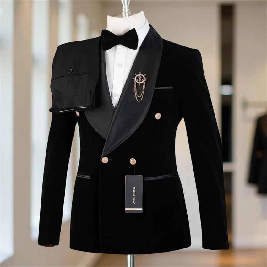 Velvet Formal Men Suits for Prom Wedding Double Breasted Groom Tuxedo 2 Pieces Celebrity Suit Jacket with Pants Custom Made
