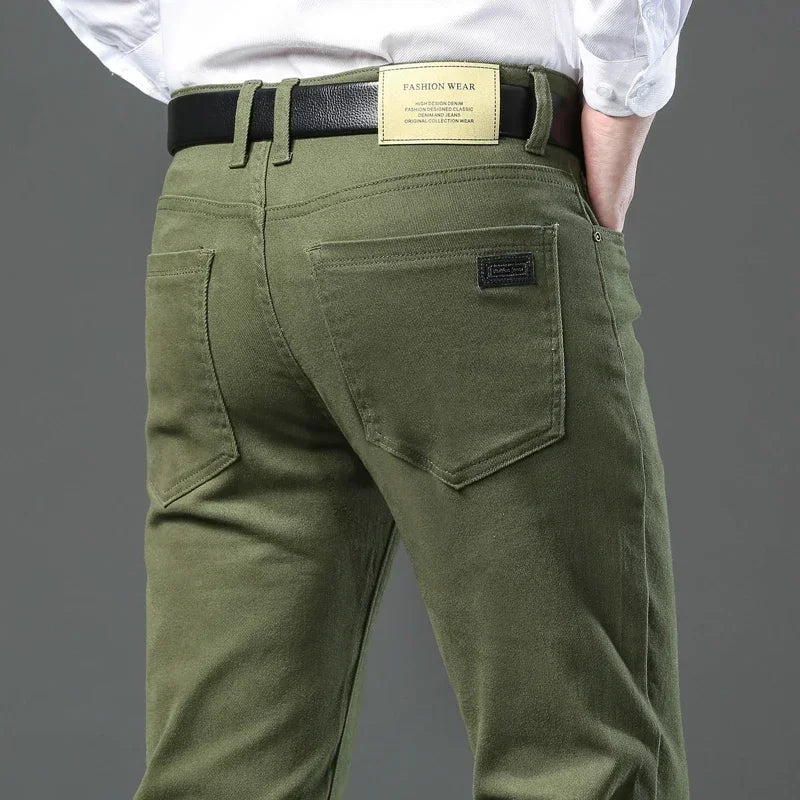 Autumn 96% Cotton Men's Stretch Slim Jeans Army Green Soft Comfortable Casual Straight Denim Pants Trousers Large Size 42