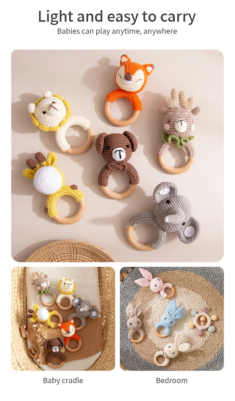 1pc Baby Teether Music Rattles for Kids Animal Crochet Rattle Elephant Giraffe Ring Wooden Babies Gym Montessori Children's Toys
