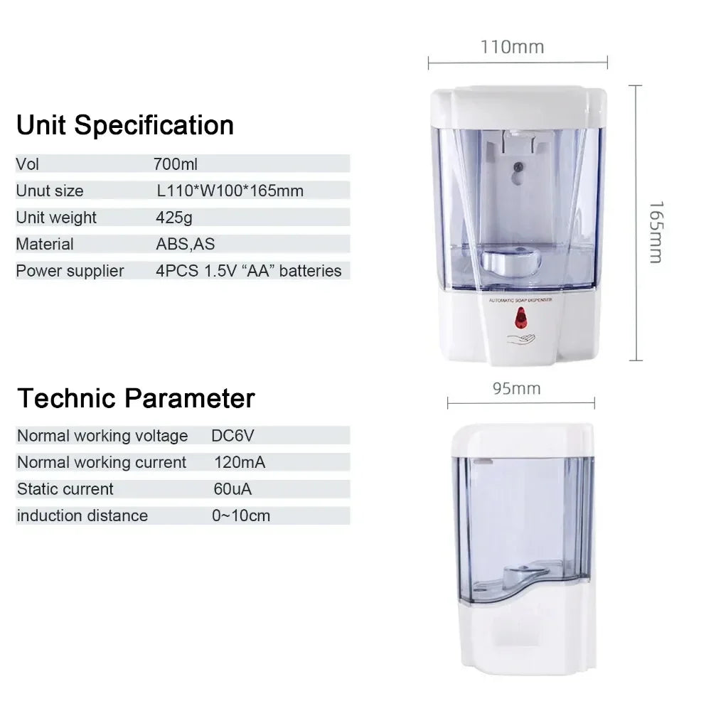 Automatic Touchless Soap Dispenser 700ml, Wall-Mounted Large Capacity Battery-Operated Sensor Hand Washer for Bathroom Kitchen