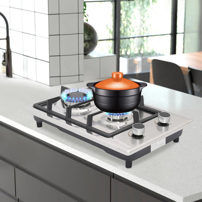 2-Burner Stainless Steel Gas Hob 3KW+1.75KW Portable Gas Stove Countertop/Flush Mounted 51*31*10cm