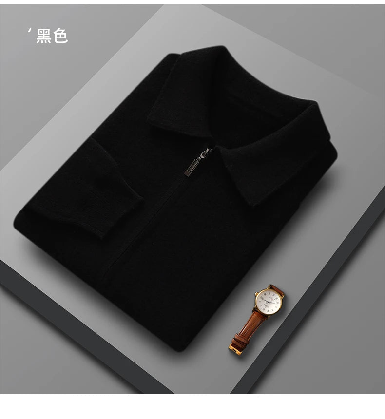 Men's 100% Merino Wool Thickened Sweater Polo Collar Business Zippered Cardigan Autumn Winter New Cashmere Jacket Knitted Top