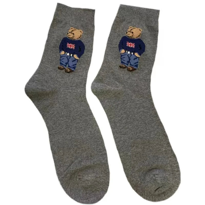Good Quality Cartoon Gentleman Bear Men's Socks Cotton Harajuku Style Sport Boys Skateboard Novelty Breathable  Christmas Gifts