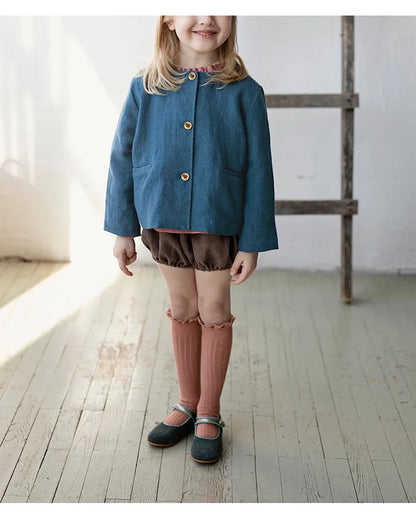 Spring Thin Retro Linen Jacket Children 2026 New Solid Color Single-Breasted Cardigan Casual Long-Sleeved Boys And Gilrs Coats