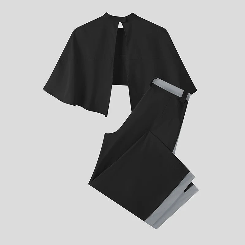 INCERUN Men Sets Patchwork Turtleneck Irregular Crop Shirt Cloak & Wide Leg Pants 2PCS Streetwear Loose Fashion Casual Men Suits