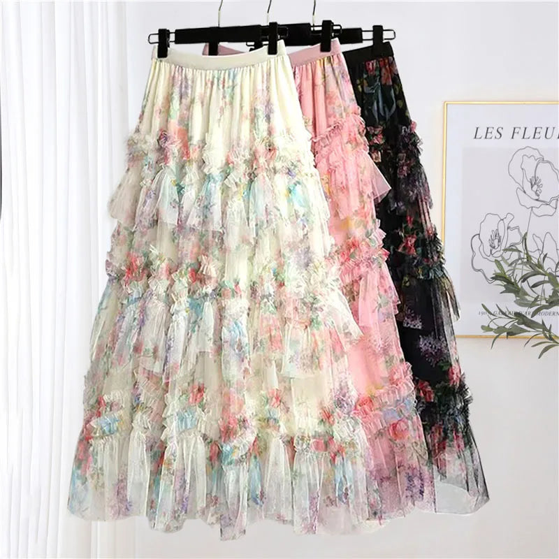 Faldas Y2k Elastic Waist Floral Print Mesh Skirt Women Summer Beach Vacation Style Versatile Stitching A-line Elegant Long Skirt