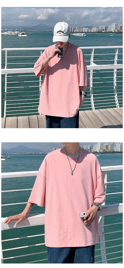 Oversized Summer Short Sleeve Men's T Shirt New Fashion Solid Loose O-Neck T Shirts Mens Cotton Hip Hop Streetwear Top Tees 5XL