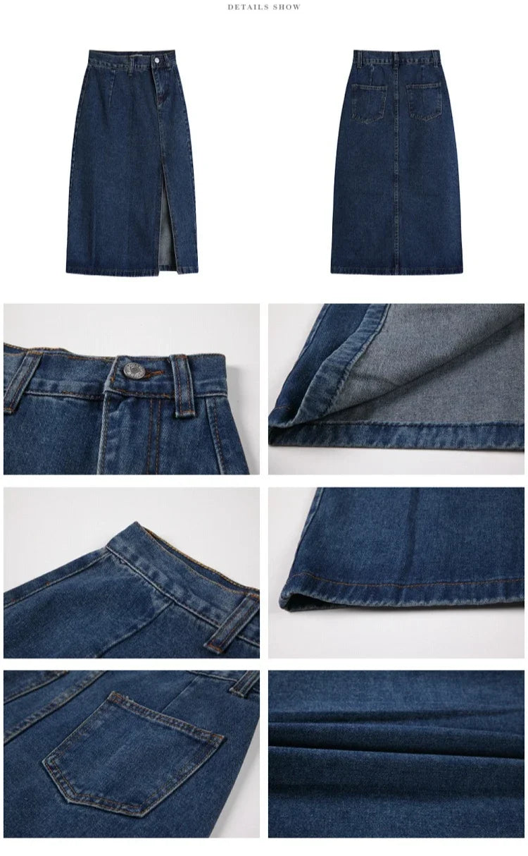 Korean Style Slim Bodycon Blue Skirts For Women 2026 Spring Summer New High Waist Split Denim Midi Skirt