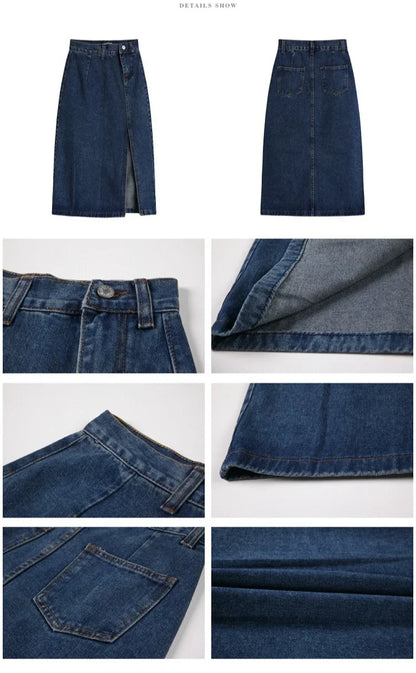 Korean Style Slim Bodycon Blue Skirts For Women 2026 Spring Summer New High Waist Split Denim Midi Skirt
