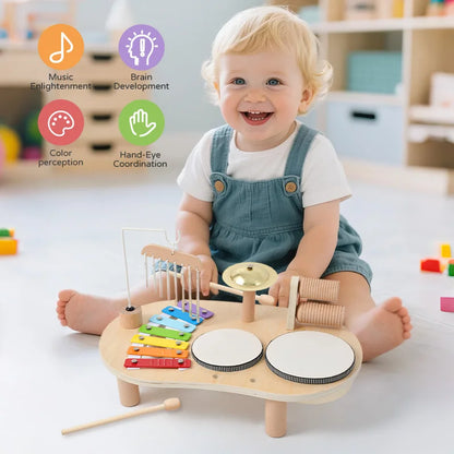 7 in 1 Wooden Toddler Musical Instrument Table Montessori Baby Percussion Toy Xylophone Drum Set Sensory Early Learning Play Gift for Kids 1‑4Y