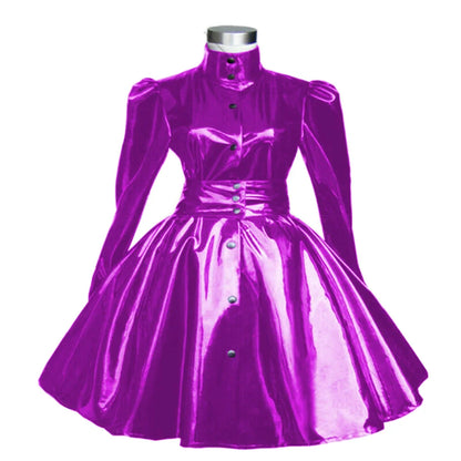 Plus Size Sweet Girl Mini Dress PVC Leather High Neck Button Pleated  A-line Dress Preppy Style Back Zipper Long Sleeve Dress
