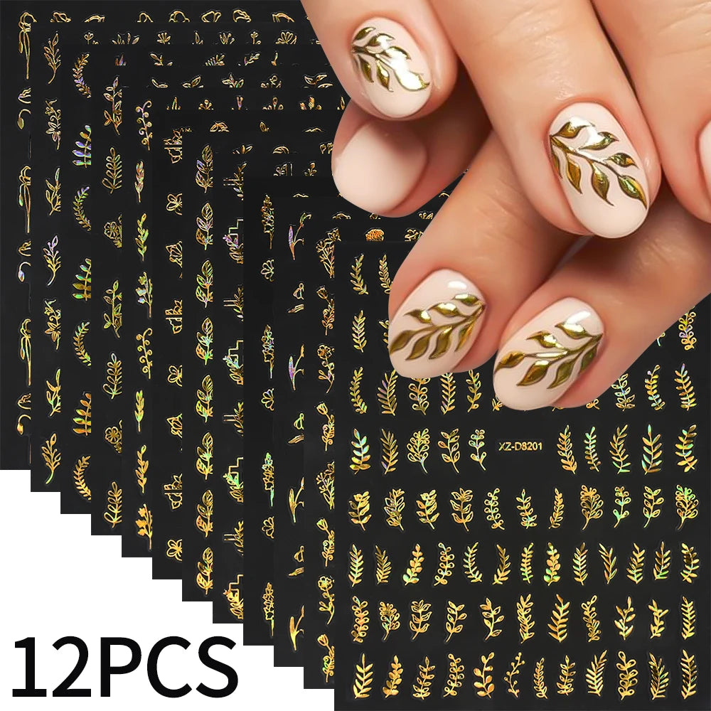 12Pcs 3D Gold Exquisite Flower Leaf Nail Art Stickers Metallic Floral Leaves Self-Adhesive Nail Decals DIY Retro Manicure Decor