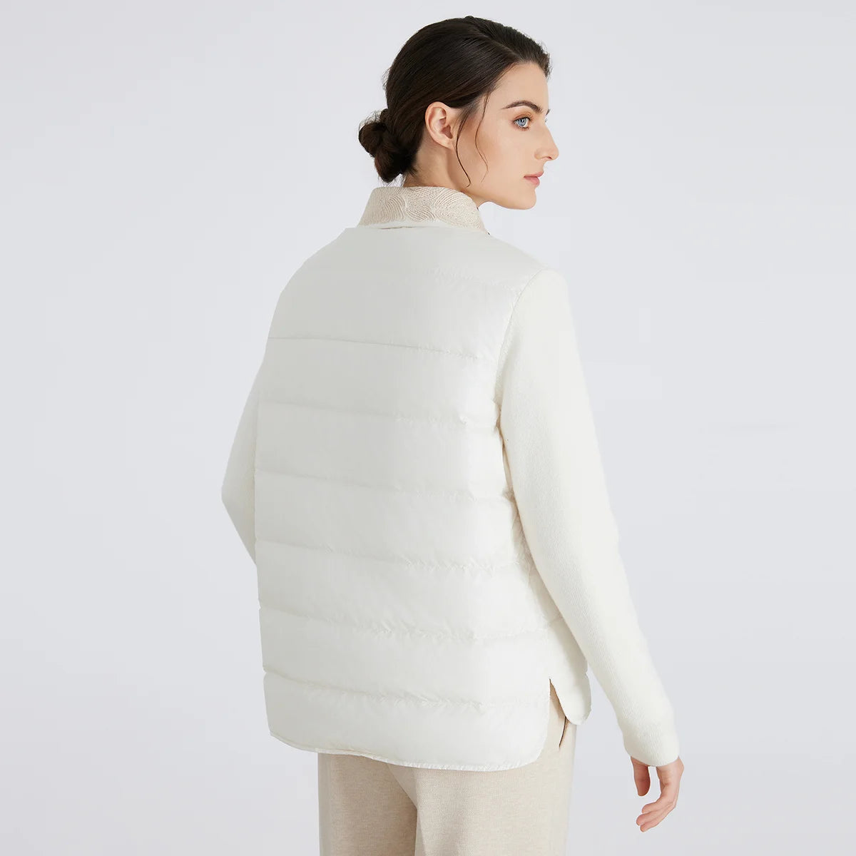 BC911 Polo Collar Spliced 100% Cashmere Long Sleeve Single Breasted White Goose Down Jacket for Women