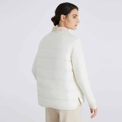 BC911 Polo Collar Spliced 100% Cashmere Long Sleeve Single Breasted White Goose Down Jacket for Women