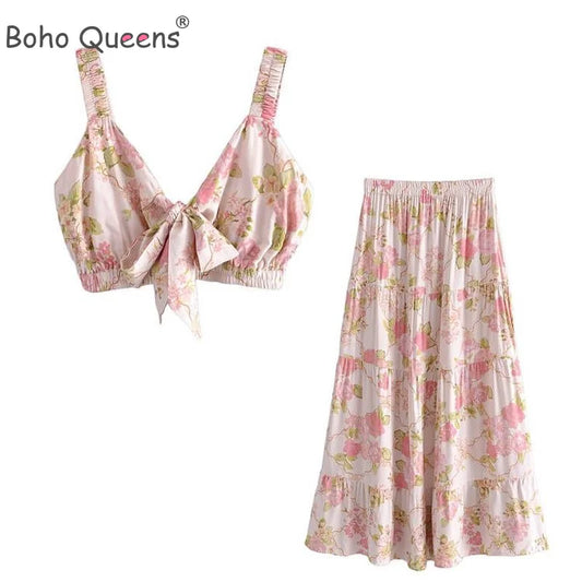 Boho Queens Women Two Piece Suit Outfits Strap Sleeveless Tops Bohemian Drawstring Maxi Skirts 2 Pieces Rayon Cotton Sets