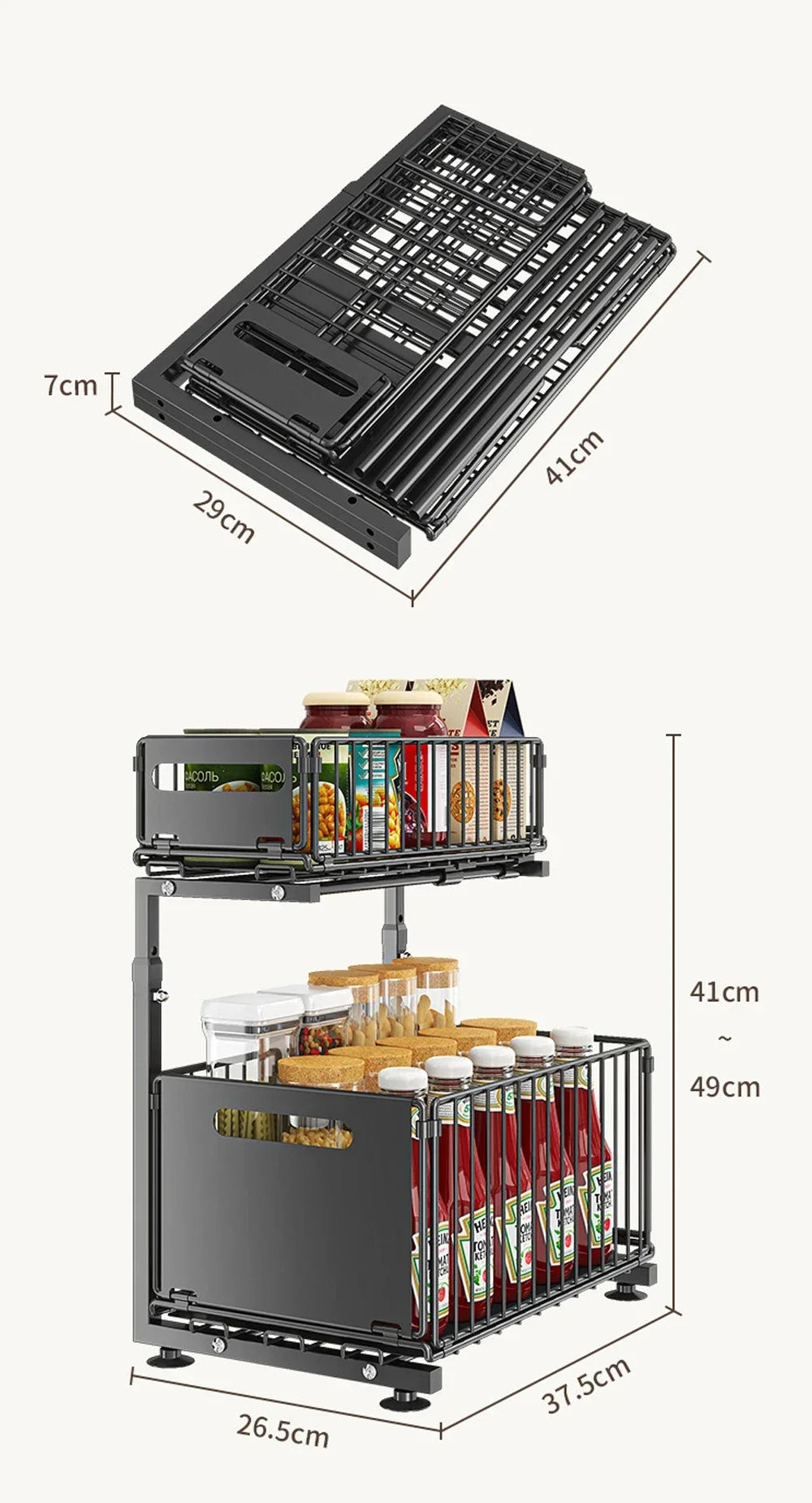 2 Tier Pull Out Cabinet Organizer Adjustable Under Sink Storage Rack Slide Out Drawer Kitchen Spice Jar Storage Shelf