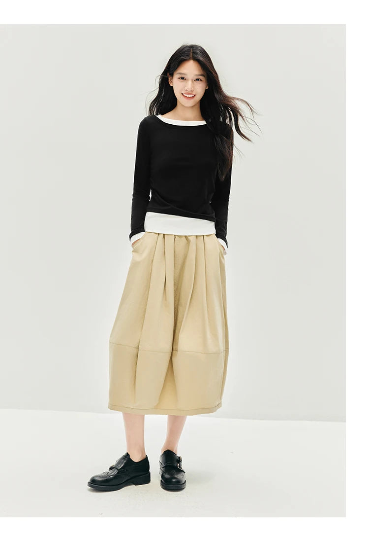 Semir Skirt Women's Solid Textured A-Line High Waist – Casual Long With Elastic Band Woman Clothing