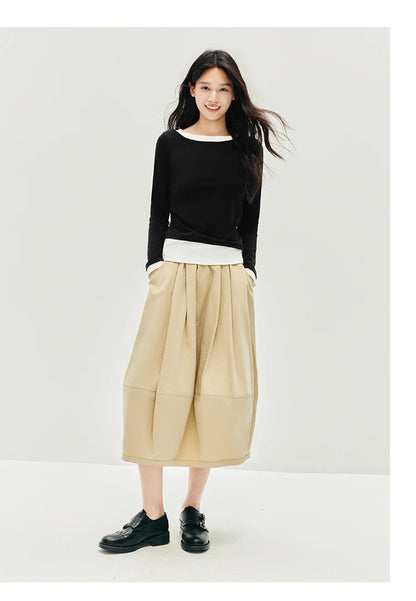 Semir Skirt Women's Solid Textured A-Line High Waist – Casual Long With Elastic Band Woman Clothing