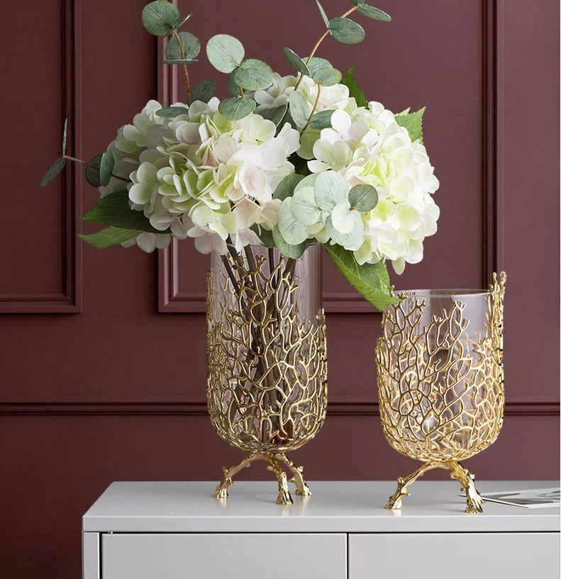 Gold Hollow Coral Vase Transparent Glass Vase Ornament Metal Rack Living Room Hydroponic Flower Arrangement Home Decoration