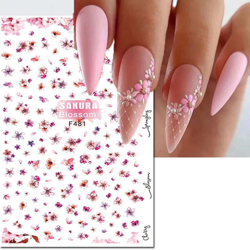 3d Nail Art Decals Watercolor Florals Purple Green Pink Flowers Leafs Fruit Adhesive Sliders Nail Stickers For Manicure