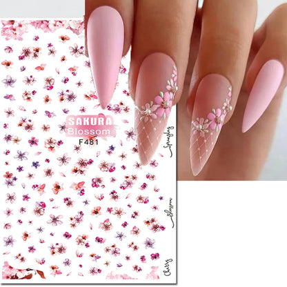 3d Nail Art Decals Watercolor Florals Purple Green Pink Flowers Leafs Fruit Adhesive Sliders Nail Stickers For Manicure