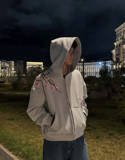 2025 Autumn/Winter Fashion Cherry Blossom Embroidery Patch Zipper Hoodie for Men and Women Y2K Harajuku Retro Gothic Casual Clow