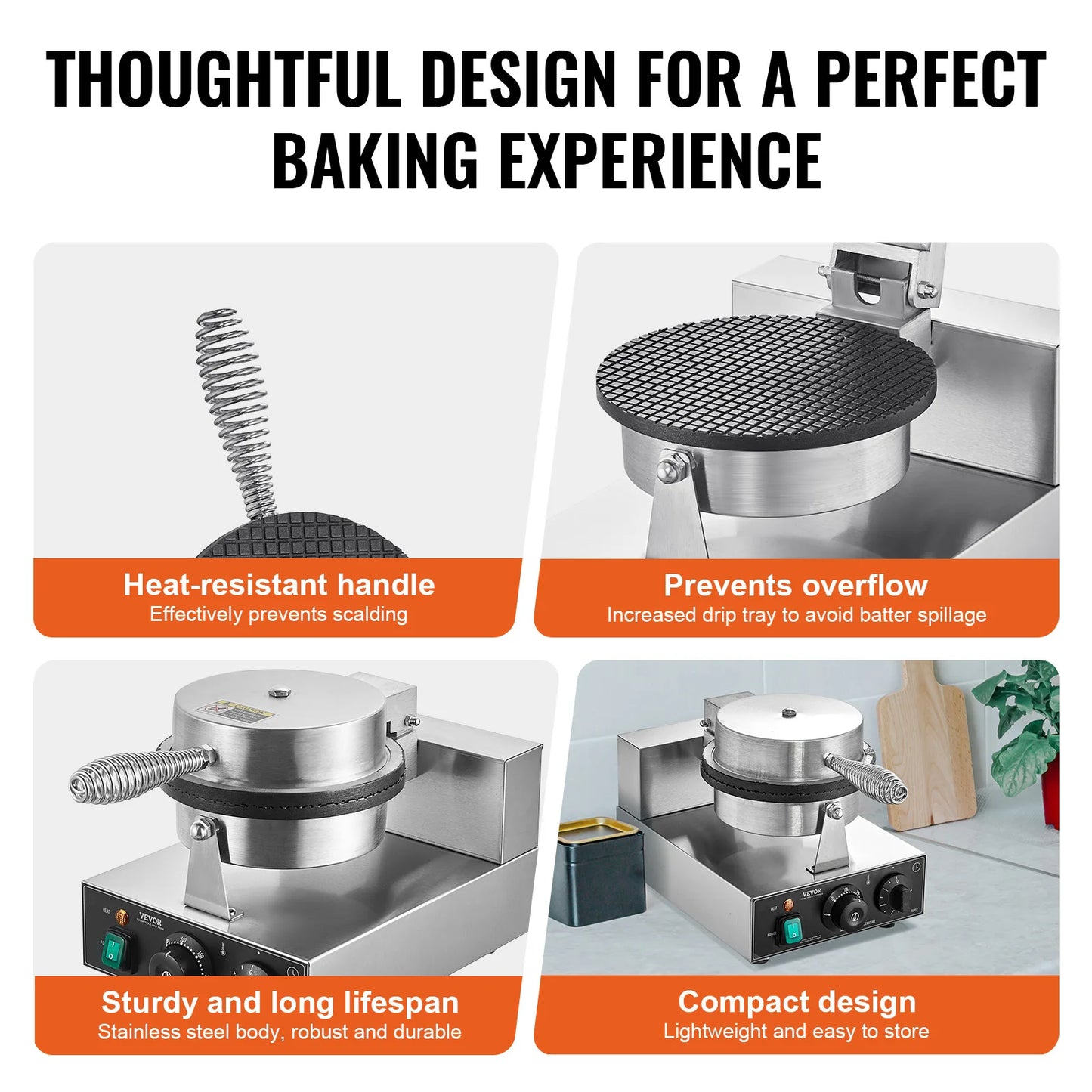 SucceBuy Electric Ice Cream Cone Maker Commercial Non-Stick Stainless Steel Egg Roll Mold with Temperature and Time Control