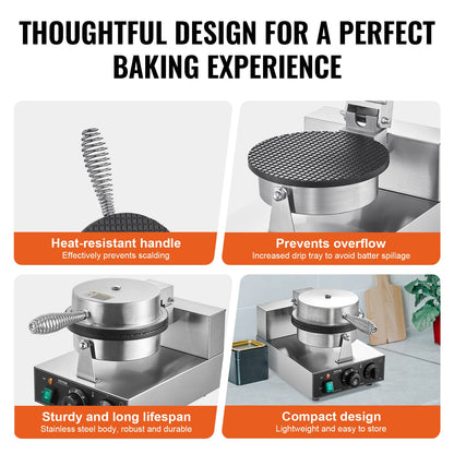SucceBuy Electric Ice Cream Cone Maker Commercial Non-Stick Stainless Steel Egg Roll Mold with Temperature and Time Control