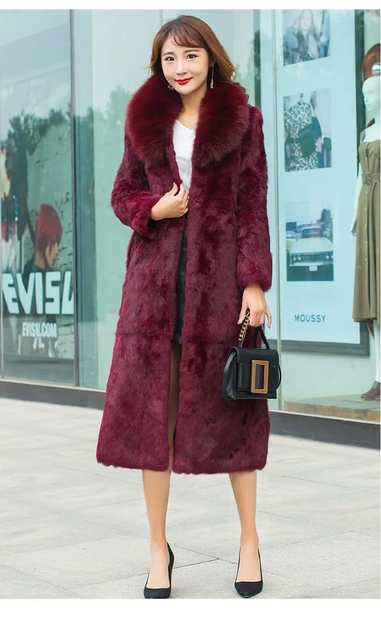 Real Rex Rabbit Fur Coat Women Autumn Winter Long Jacket Thick Warm New Fashion Fox Fur Collar Elegant Female Warm Outerwear