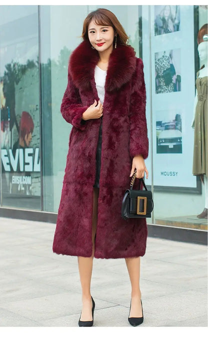Real Rex Rabbit Fur Coat Women Autumn Winter Long Jacket Thick Warm New Fashion Fox Fur Collar Elegant Female Warm Outerwear