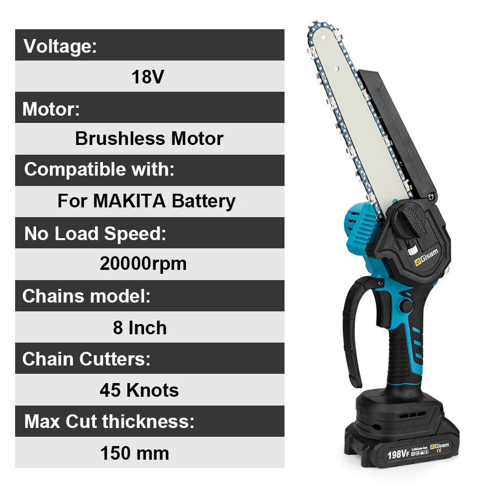Gisam 8 Inch Brushless Electric Saw One-handed  Electirc ChainSaw Woodworking Garden Tool Pruning Saw For Makita 18v Battery Pin