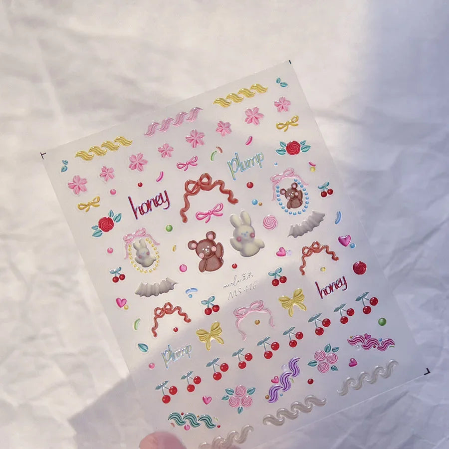 Collage Text English Letter Musical Note Star Graffiti Colorful 5D Love Heart Bowknot Nail Art Sticker Adhesive Manicure Decals