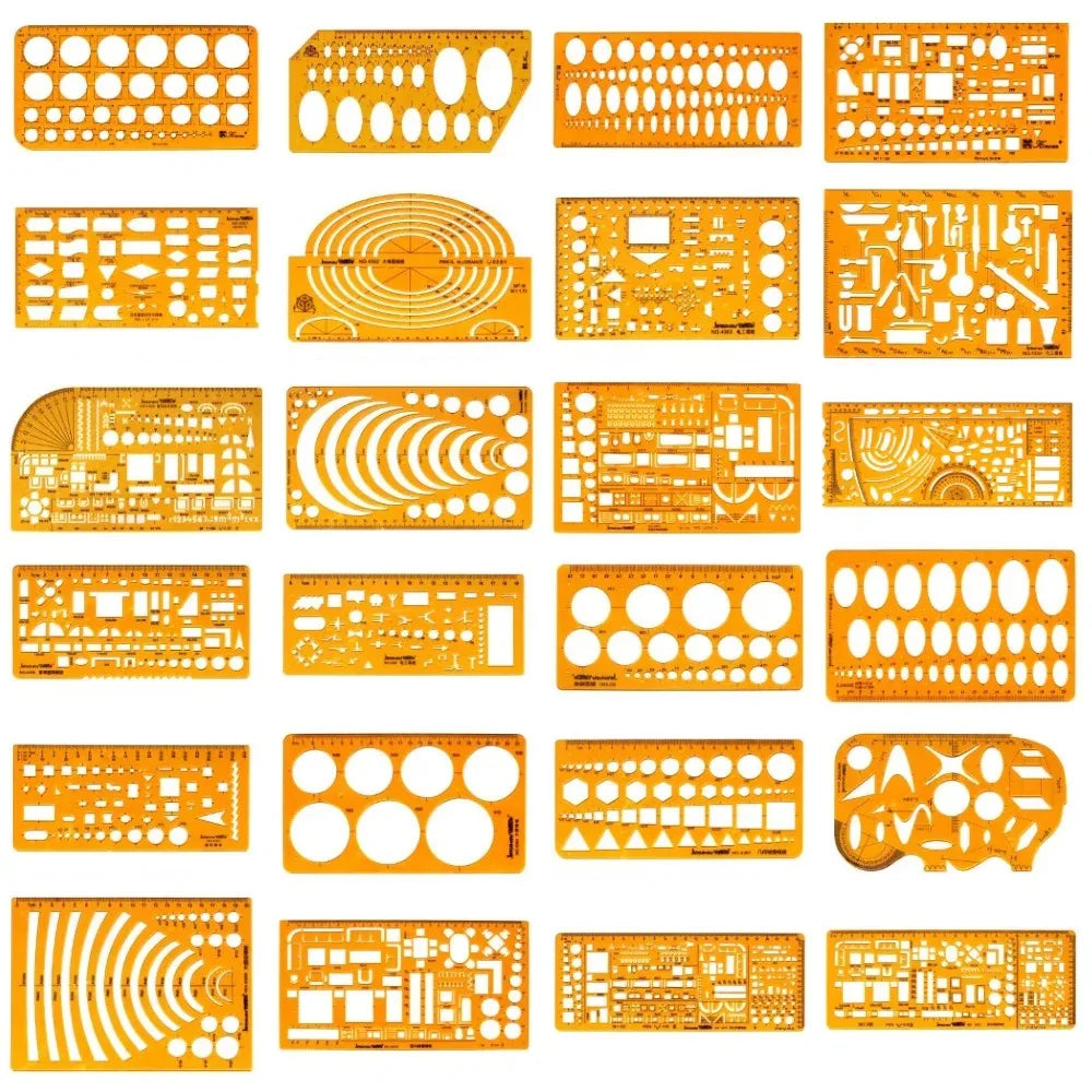 Geometric Drawing Template Set With Measuring Ruler - Yellow Transparent Plastic Tools+Bonus PE Zipper Bag - For Architecture