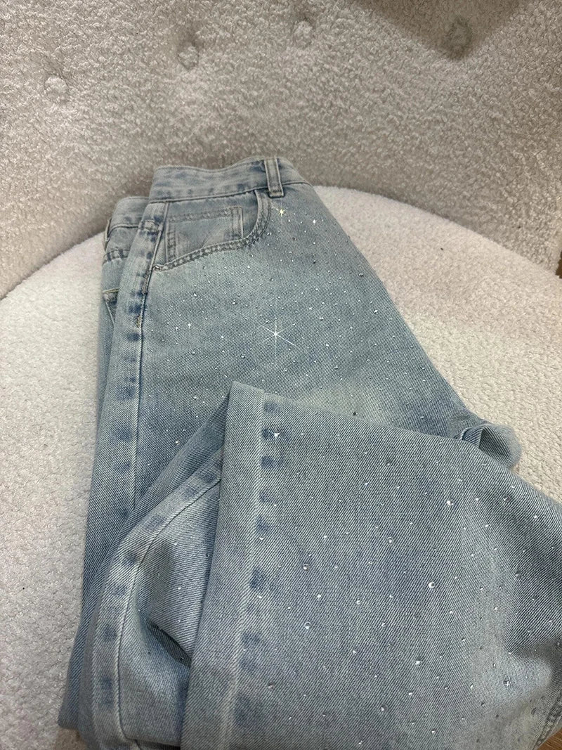 Retro Rhinestone Jeans for Women 2026 New Casual Straight Leg Denim Pants Spring Light Blue Narrow Wide Leg Trousers