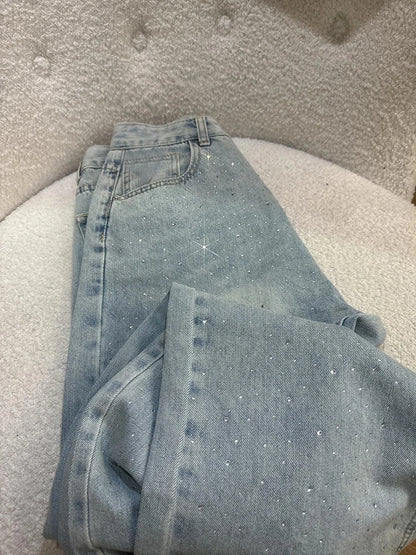 Retro Rhinestone Jeans for Women 2026 New Casual Straight Leg Denim Pants Spring Light Blue Narrow Wide Leg Trousers