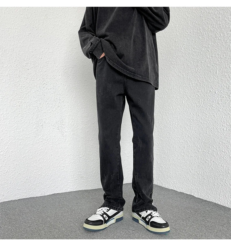 2024 Spring Autumn Korean Men Fashionable Retro Street Jeans Zip Design on Trouser Legs Straight-leg Denim Pants Men's Clothing