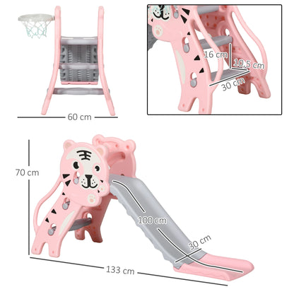 Children’s slide, indoor children’s slide, with a basketball hoop, tiger theme, for 18 to 36 months, pink