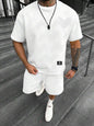 Men's Textured Letter Patched Round Neck Tee & Drawstring Shorts Two-Piece Set Regular Fit Casual Short Sleeve T shirt & Shorts