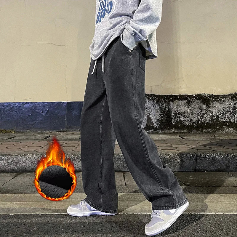 Men's Winter Fleece Loose Jeans Velvet Warm Elastic Waist Wide Leg Y2K Denim Pants Straight Comfortable Brand Men's Clothing