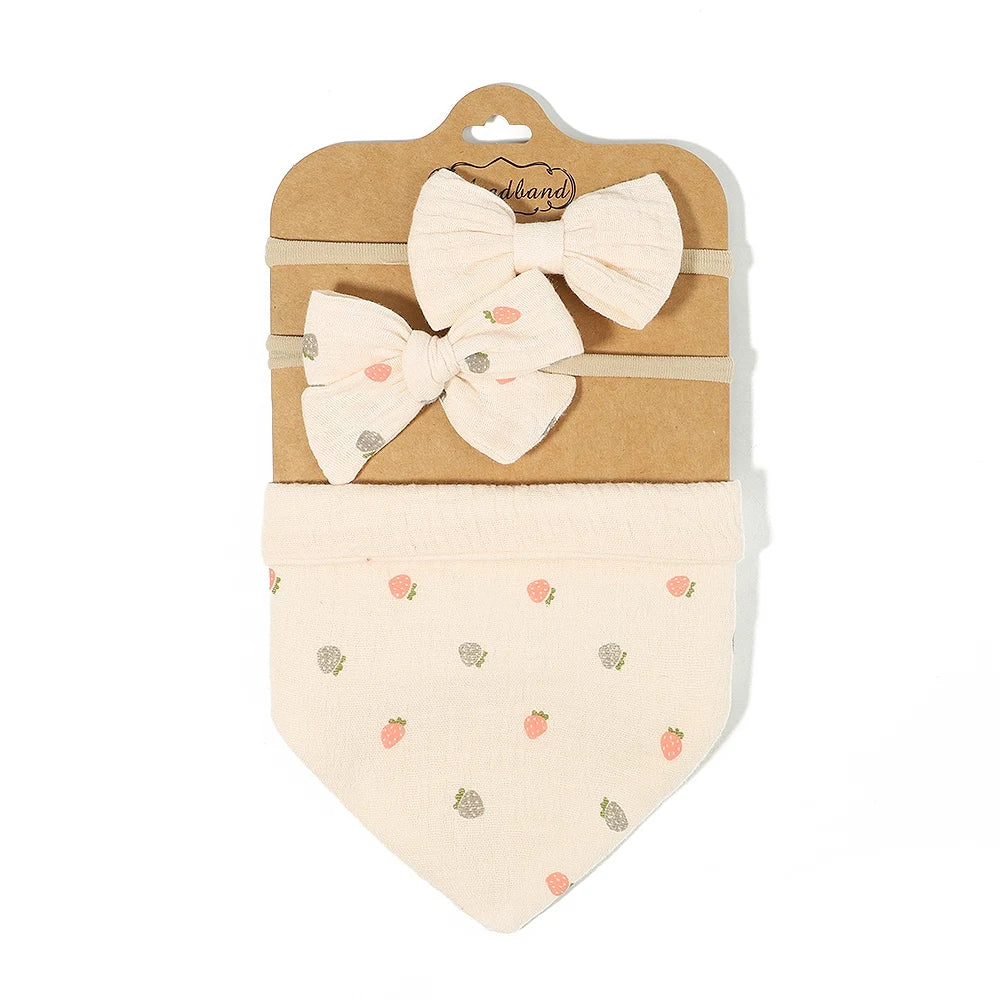 3Pcs/Set Muslin Cotton Print Bib Newborn Bows Headband Triangle Saliva Towel Infant Boy Girl Feeding Burp Baby Hair Accessories